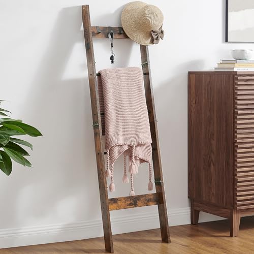 5-Tier Wood Blanket Ladder Shelf with 4 Removable Hooks V50833