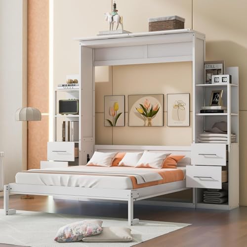 Queen Murphy Bed with Storage Drawers and Shelves (Grey) J877