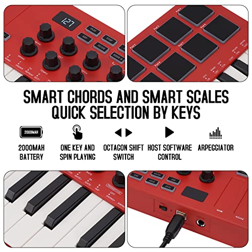 25 Key USB MIDI Keyboard Controller With 8 Backlit Drum Pads, Bluetooth Semi Weighted Q472375