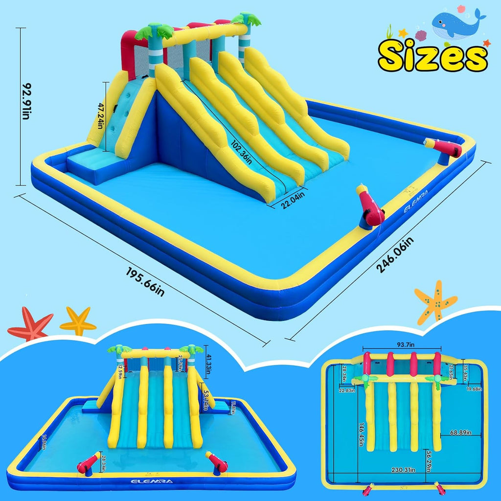 Extra Large Inflatable Water Slide Bounce House with Double-Layer Splashing Pool, 3 Slides, Climbing Wall, 2 Water Cannons, 750W Air Blower Q27744