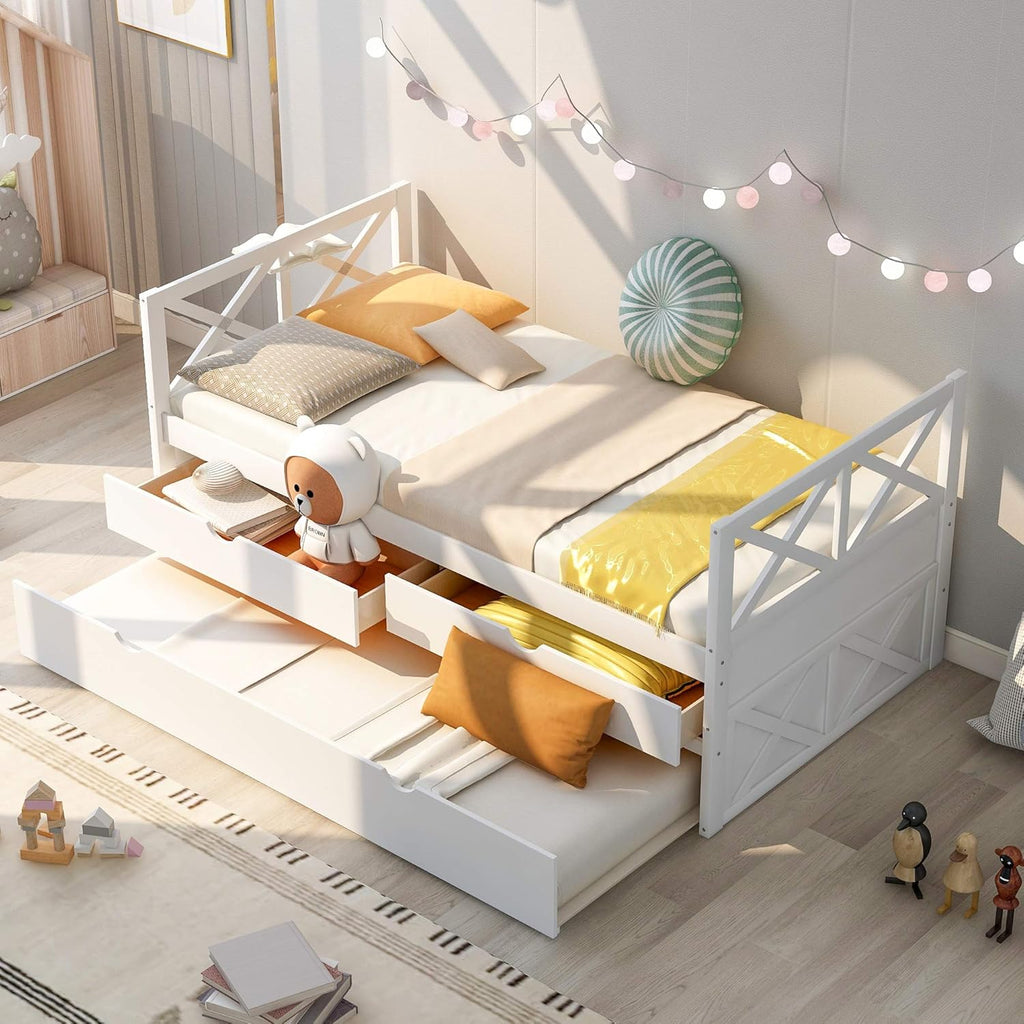 White Wood Twin Captain's Daybed with Trundle and 2 Storage Drawers F200383