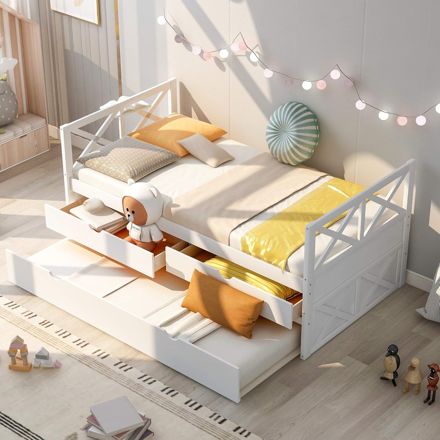 White Wood Twin Captain's Daybed with Trundle and 2 Storage Drawers F200383