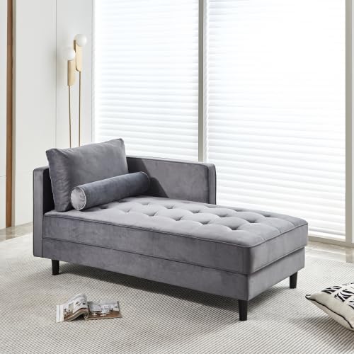 Gray Velvet Chaise Lounge Chair with Tufted Cushion M971