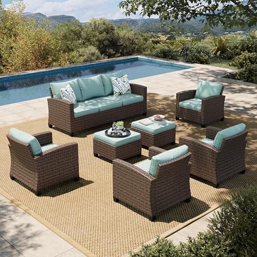 6 Pieces 7 Seats Wicker Patio Furniture Set with Fire Pit Table N742923