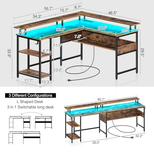 56.7" L Shaped Gaming Desk with LED Lights, Power Outlets, Carbon Fiber Surface, Monitor Stand, Storage, USB Port, Hook F183