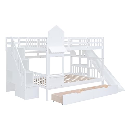 Gray Wood Twin Over Twin Bunk Bed with Stairs and Slide H2339