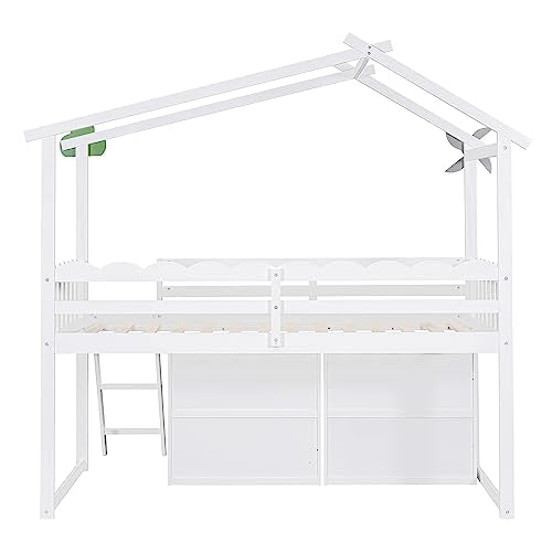 Grey Twin Size Wood Loft Bed with Storage Cabinet and 3 Drawers O497292