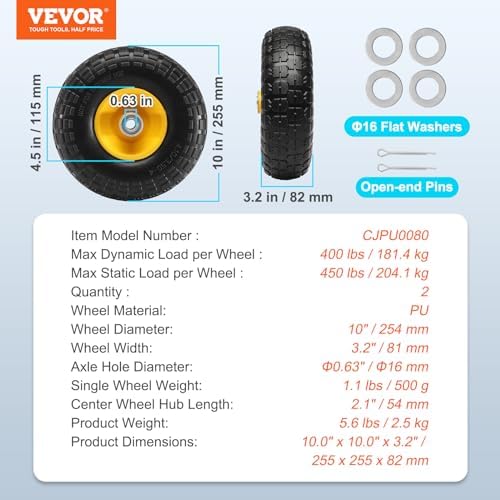 10-Inch Solid Rubber Flat Free Tubeless Tires and Wheels, 2-Pack G974