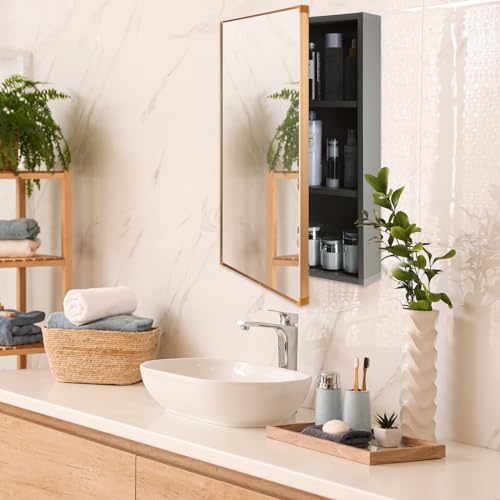 Light Grey 16 x 24 inch Wall Mounted Framed Medicine Cabinet with Mirror N856104