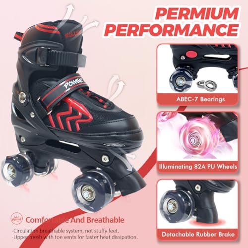 Adjustable Quad Roller Skates with Light Up Wheels, Black & Red N803