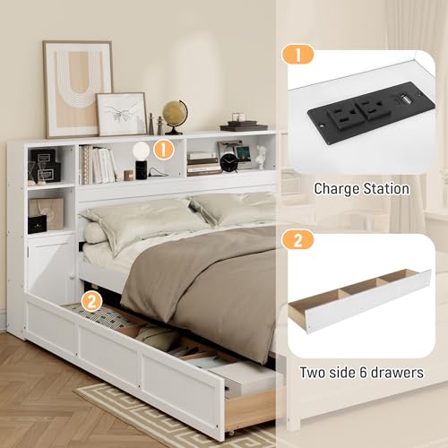 Twin Size Wood Storage Platform Bed with 6 Drawers and Bookcase Headboard U355943
