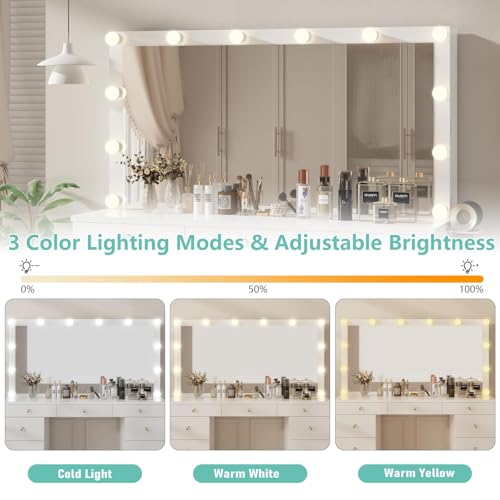 White Vanity Desk with Mirror and Lights, 11 Drawers, Charging Station D559319