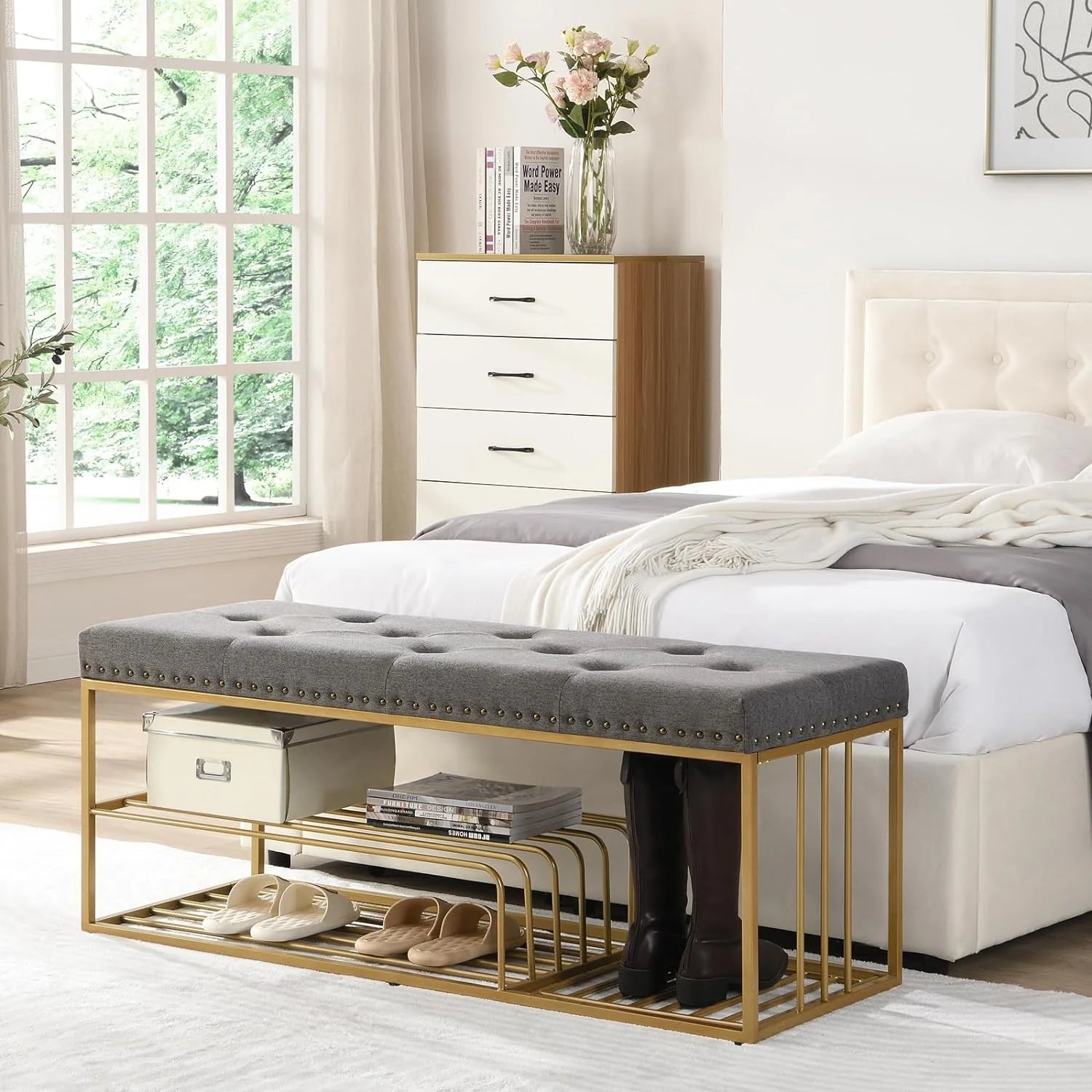 Grey Upholstered Storage Bench with Nailhead Trim O185045