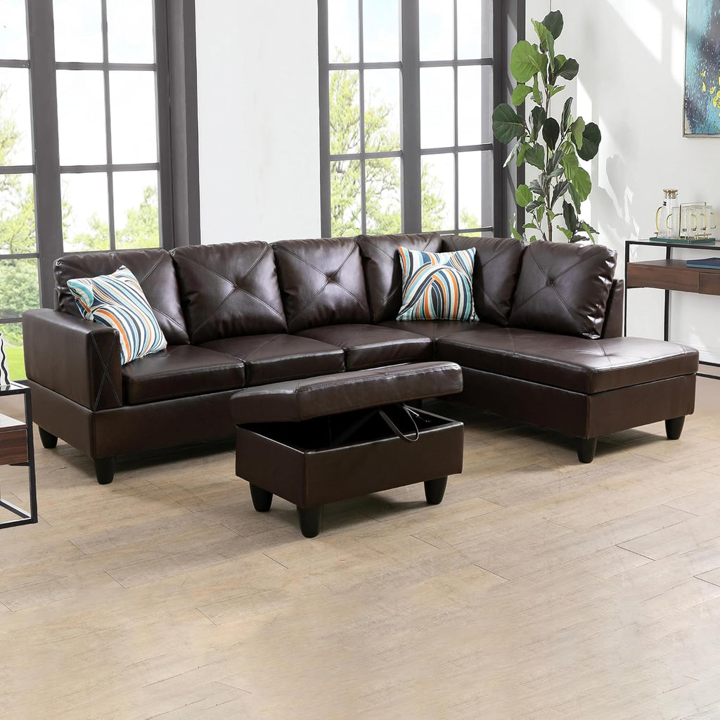 Brown L-Shaped Faux Leather Sectional Sofa with Chaise A6989