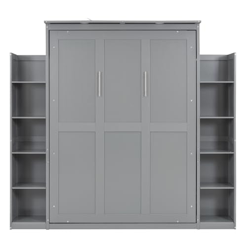 Grey Full Size Wood Murphy Bed with Storage Shelves and LED Lights P106235