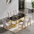 7 Piece White Marble Dining Table Set with 6 Grey Velvet Upholstered Chairs M4048