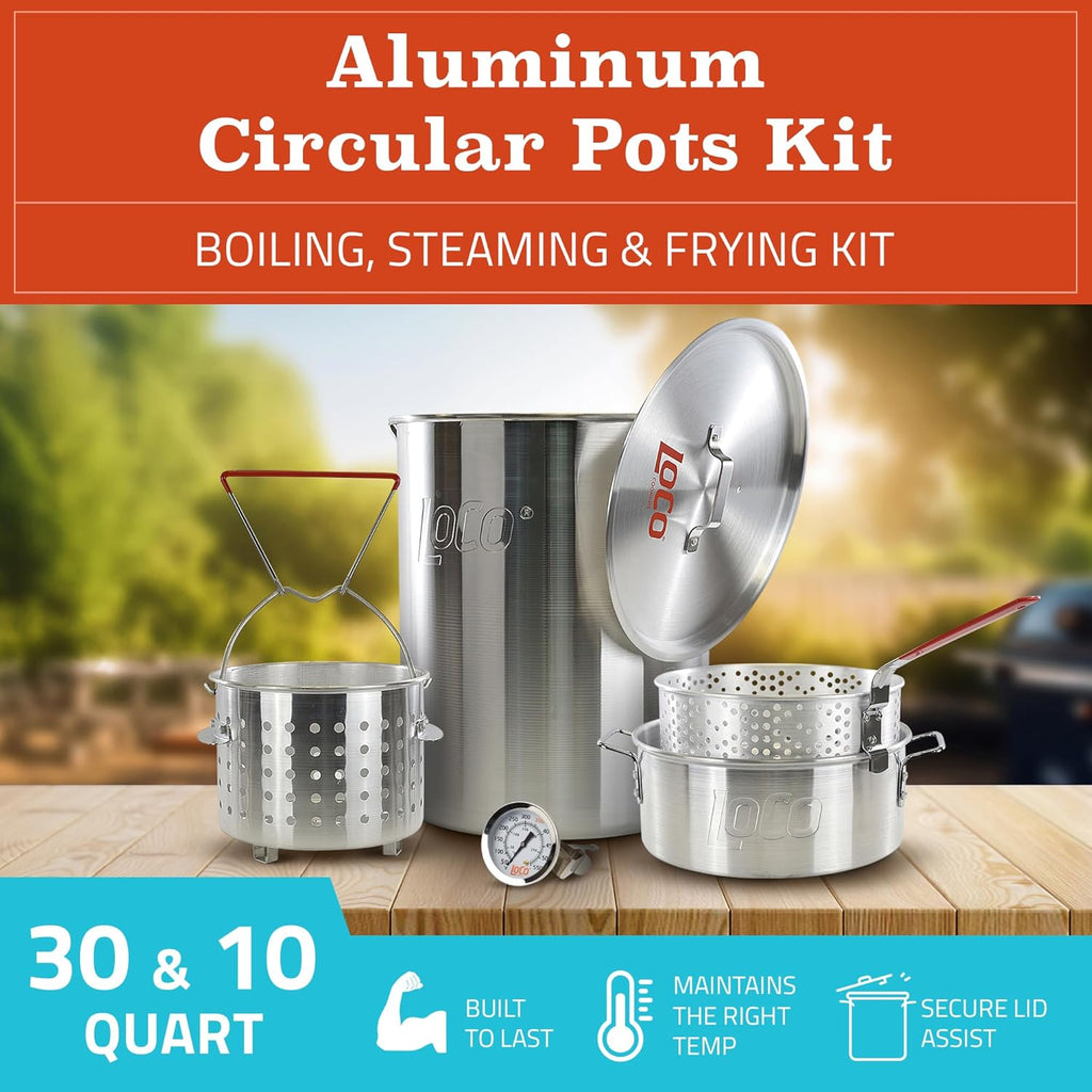30 Quart Aluminum Circular Pots Kit with Basket Lift Hook and Lid Y86489