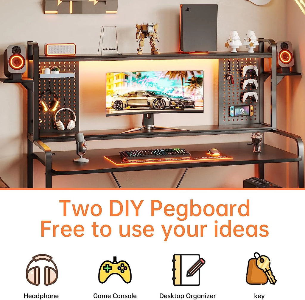 55" Gaming Desk with Hutch, Shelves, LED Lights, Pegboard and Monitor Shelf, Black K2756