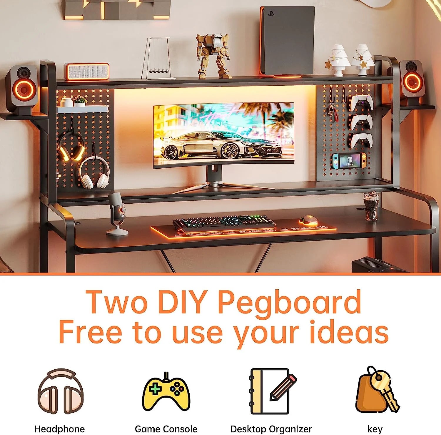 55" Gaming Desk with Hutch, Shelves, LED Lights, Pegboard and Monitor Shelf, Black K2756