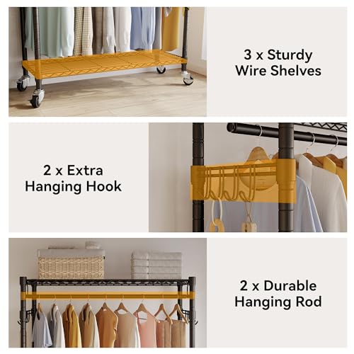 Black Heavy Duty Rolling Garment Rack with Wheels Double Hanging Rods J2733
