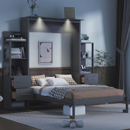 Queen Murphy Bed with Storage Drawers and Shelves (Grey) J877