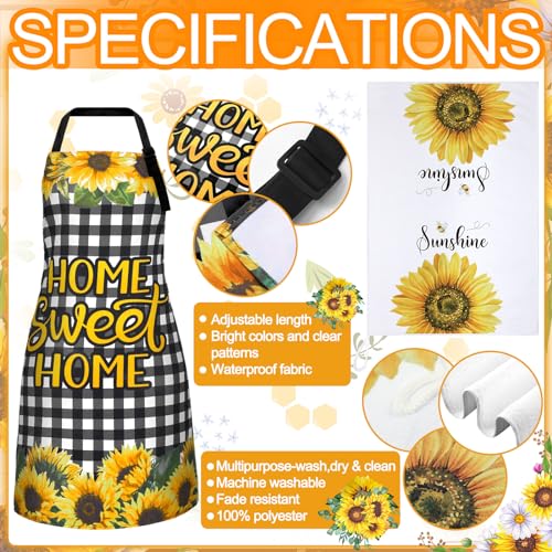 13 Pcs Bee Sunflower Kitchen Decor Set with Wooden Spoons, Kitchen Towels, Apron, Oven Mitts, Pot Holders Q279