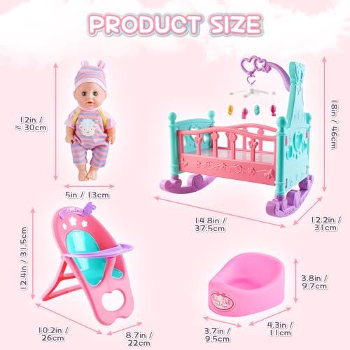 12" Baby Doll Play Set with Crib, Mobile, High Chair, 21 PCS T271217