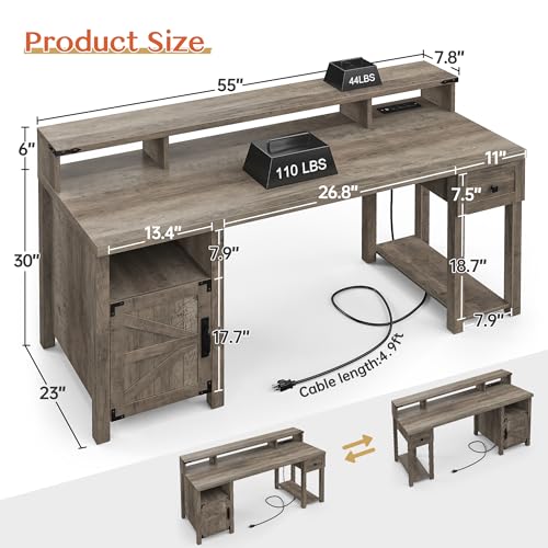 Ash Gray Wood Desk with Drawer & Power Outlets M958374