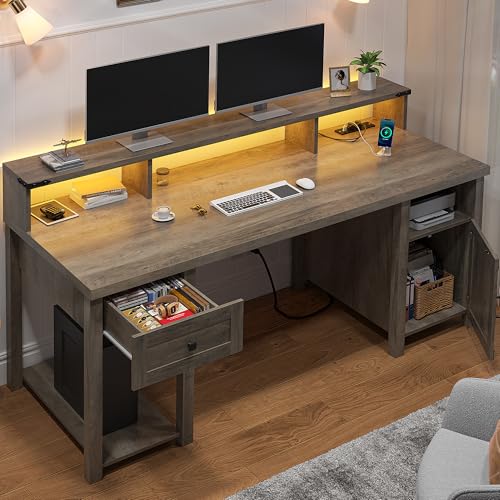 Ash Gray Wood Desk with Drawer & Power Outlets M958374