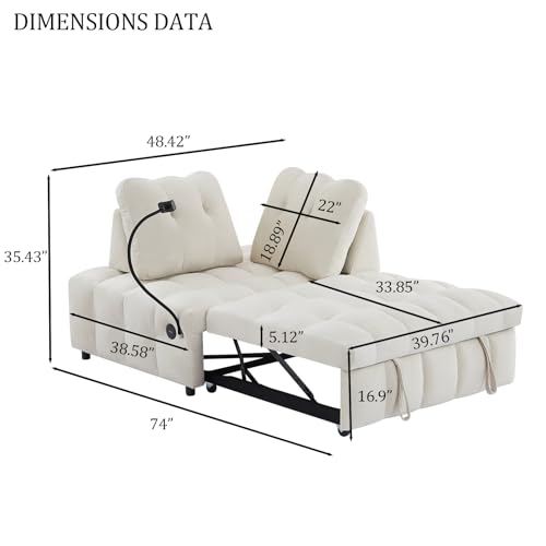 48" Convertible Sleeper Sofa Couch Bed, 3-in-1 Velvet Tufted Pull Out Couch with Charge Ports and Phone Holders, Comfy Modern Loveseat Sleeper Chaise Lounge (Grey) T1373