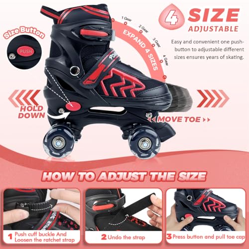 Adjustable Quad Roller Skates with Light Up Wheels, Black & Red N803