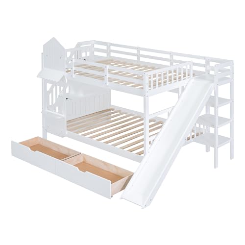 Gray Wood Twin Over Twin Bunk Bed with Stairs and Slide H2339