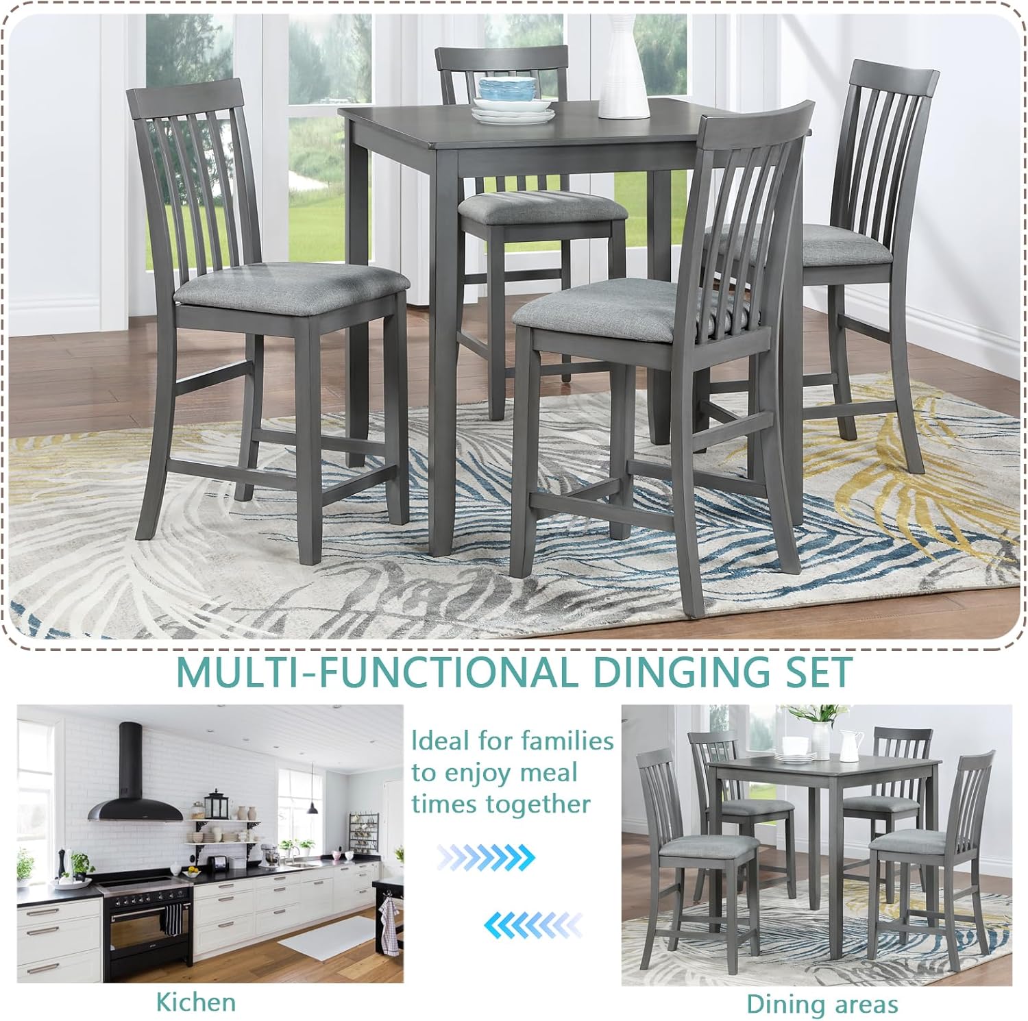 5 Piece Counter Height Dining Table Set with 4 Upholstered Chairs, Dove Gray P504