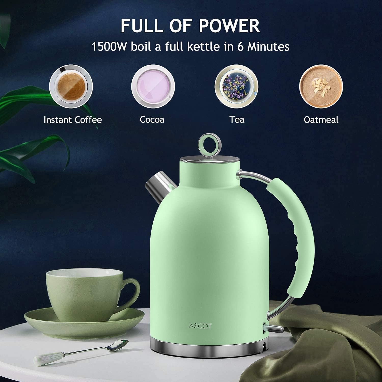 Stainless Steel 1.5L 1500W Retro Electric Kettle Matte Green L744112