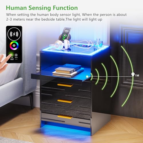 RGB LED Nightstand with 3 Drawers and Sliding Tray W352
