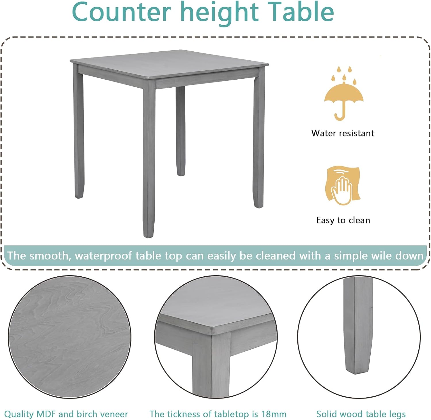 5 Piece Counter Height Dining Table Set with 4 Upholstered Chairs, Dove Gray P504
