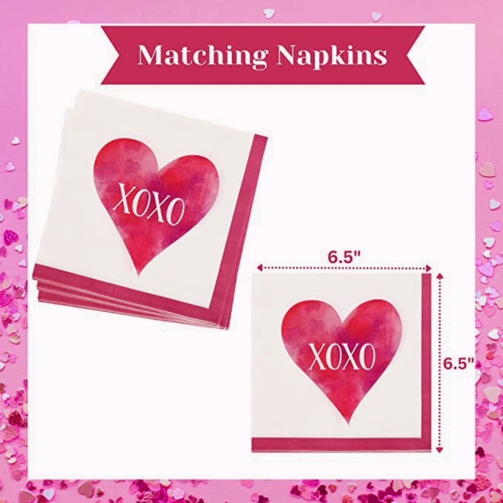 Valentine Heart Design Round Paper Plates with Matching Napkins and Pink Plastic Utensils Disposable Tableware Set of 3 O29047
