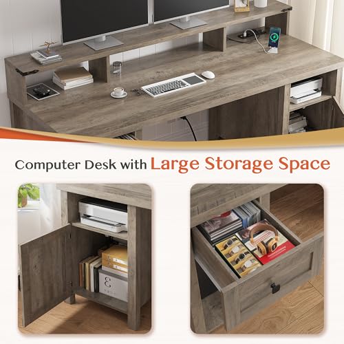 Ash Gray Wood Desk with Drawer & Power Outlets M958374