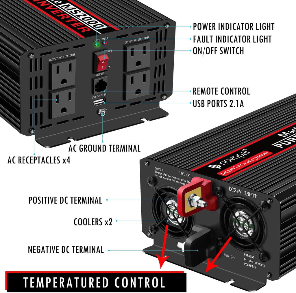 1000 Watt 24V DC to 110V AC Pure Sine Wave Power Inverter with 4 AC Outlets and USB Port Q552