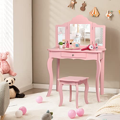 White Wooden Kids Vanity Set with Mirror and Stool Z713315