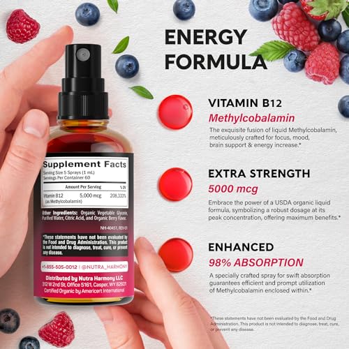 USDA Organic Vitamin B12 Spray 5000 mcg Liquid Vegan Methylcobalamin 2 fl oz F5340