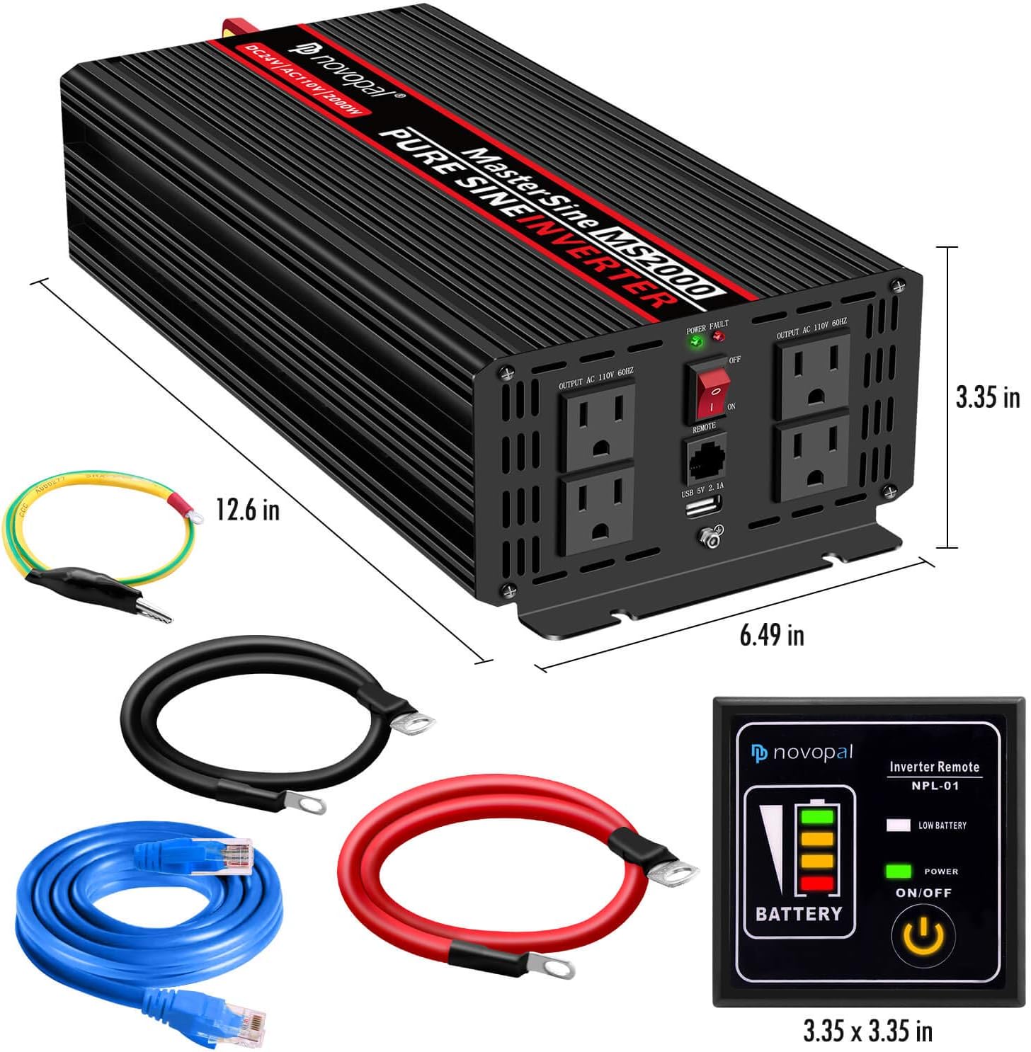 1000 Watt 24V DC to 110V AC Pure Sine Wave Power Inverter with 4 AC Outlets and USB Port Q552