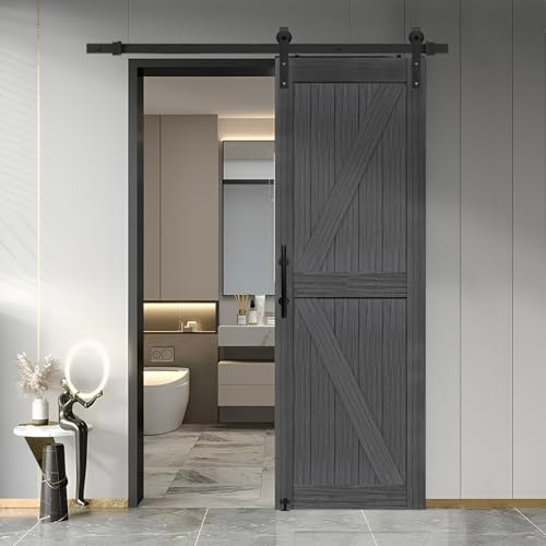 20 in x 84 in Elephant Gray Solid Wood Barn Door with Sliding Door Hardware Kit F533830