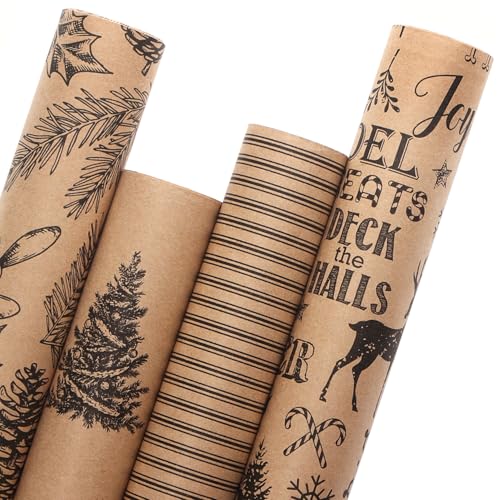 4 Rolls Vintage Brown Kraft Christmas Wrapping Paper Q768