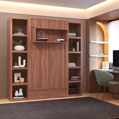 Queen Murphy Wall Bed in Brown Wood Grain with Two Bookshelves R67562