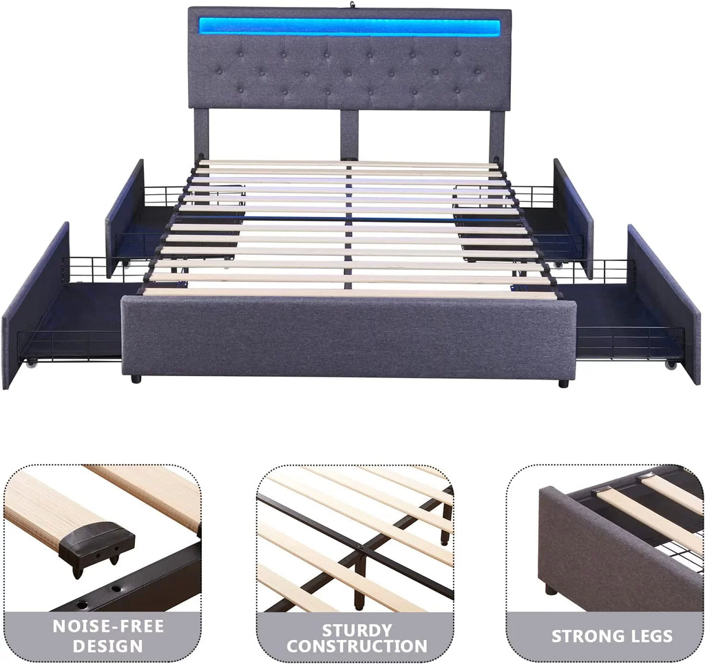 Full Size Bed Frame with 4 Drawers, LED, USB Ports, Adjustable Upholstered Headboard, Dark Grey L89088