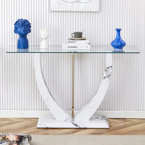 Glass Console Table, 50 inch Clear Glass Narrow Sofa Table with Wood Grain Base and Metal Frame T352690