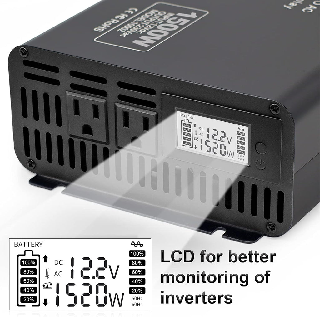 1500W Peak 3000W DC 12V to AC 110V 120V Power Inverter with 2 AC Outlets LCD Display M3858