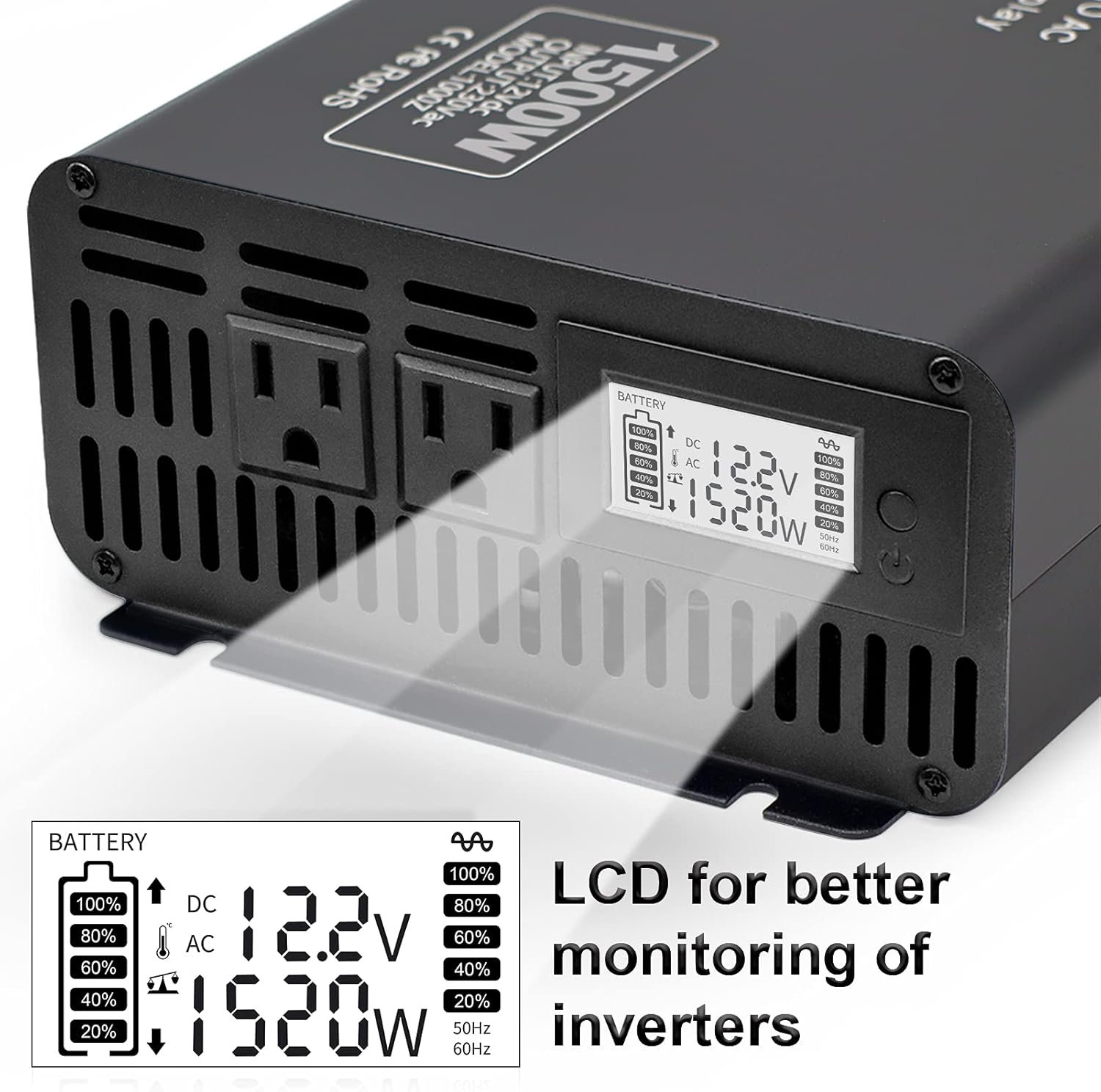 1500W Peak 3000W DC 12V to AC 110V 120V Power Inverter with 2 AC Outlets LCD Display M3858
