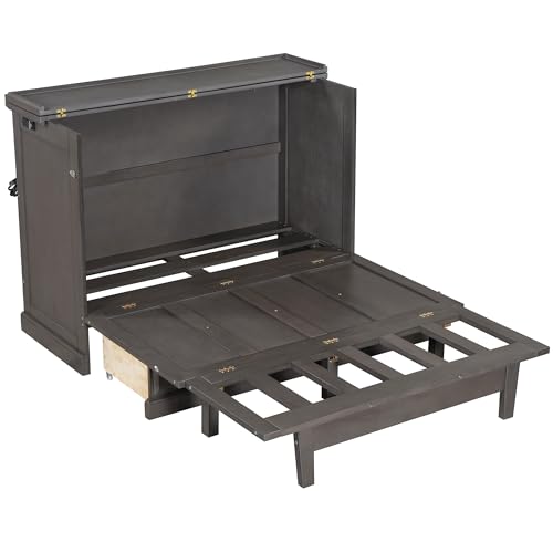 Gray Queen Size Solid Pine Murphy Bed with Charging Station Q946